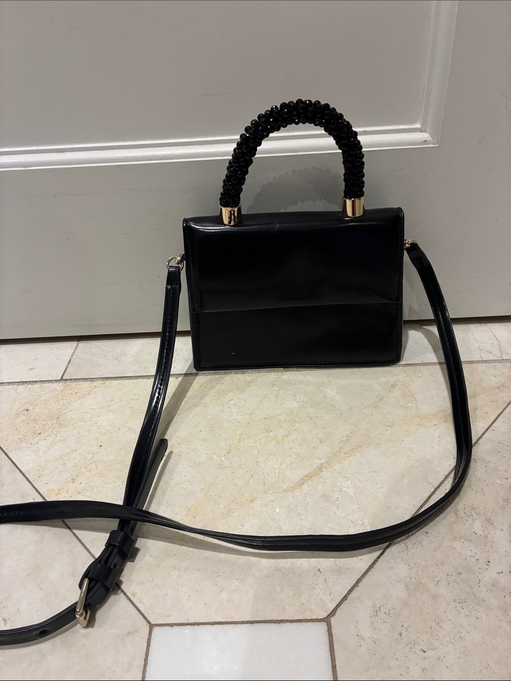 ZARA Black Beaded Handle Mini Crossbody Bag Top Handle Boxy Satchel ๐ฌ๐ง